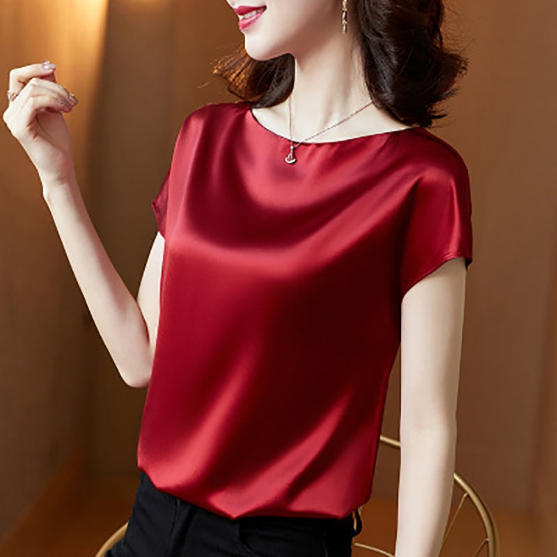 IELGY round neck short-sleeved t-shirt solid color mulberry silk top bottoming shirt