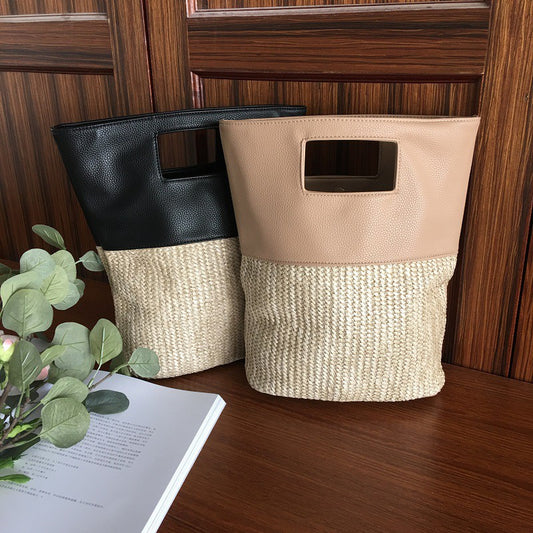 Straw bag hit color stitching handbag