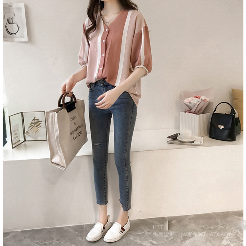 IELGY Women's loose color matching striped shirt