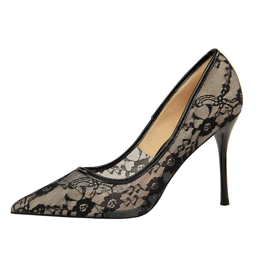 IELGY Sexy high-heeled women's shoes with stiletto pointed mesh cutout lace shoes