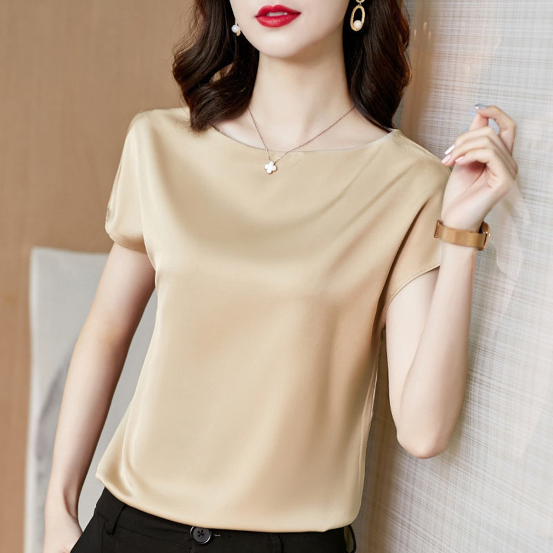 IELGY round neck short-sleeved t-shirt solid color mulberry silk top bottoming shirt
