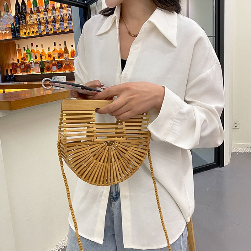 IELGY Hollow Fashion Messenger Bag Women's Bamboo Half Round Beach