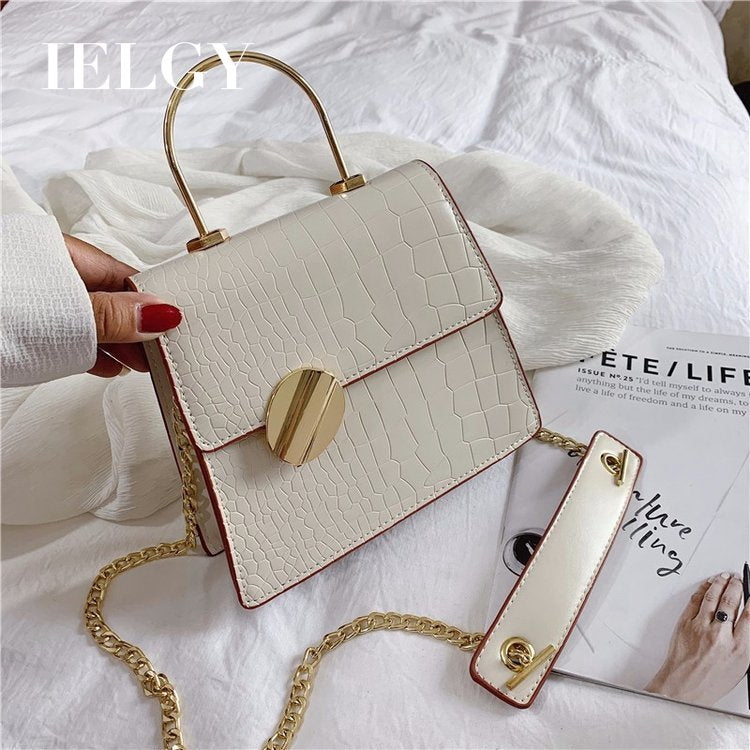 IELGYShoulder Bad hand chain single shoulder slung small fresh crocodile pattern bag Korean metal handbag Solid color