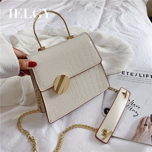 IELGYShoulder Bad hand chain single shoulder slung small fresh crocodile pattern bag Korean metal handbag Solid color