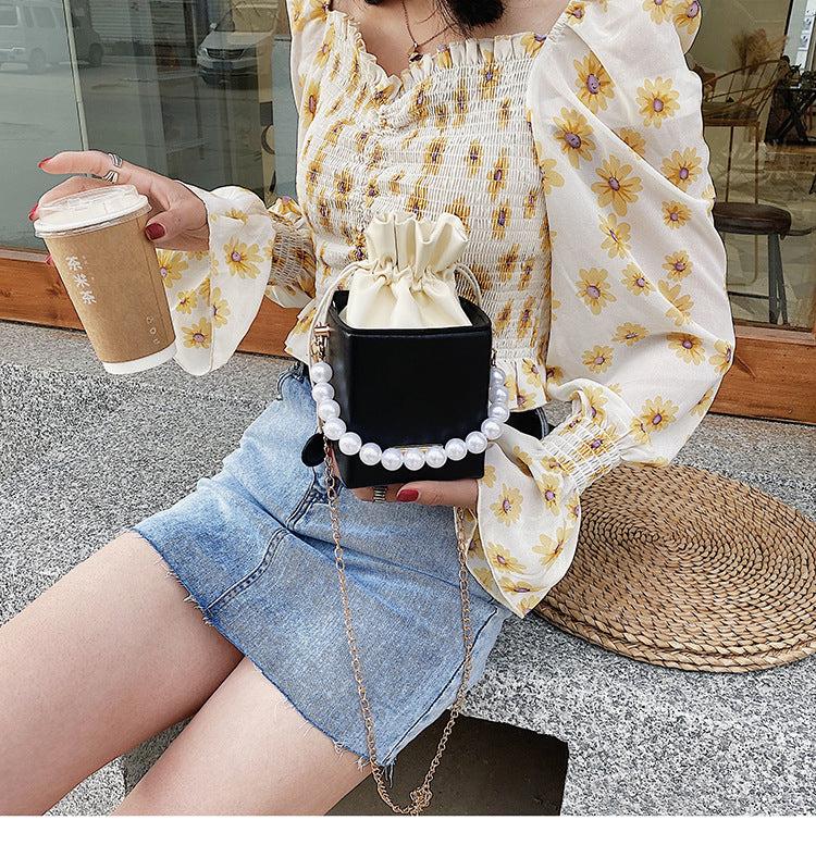 IELGY Small square bag female fashion western style popular all-match pearl portable chain messenger bag