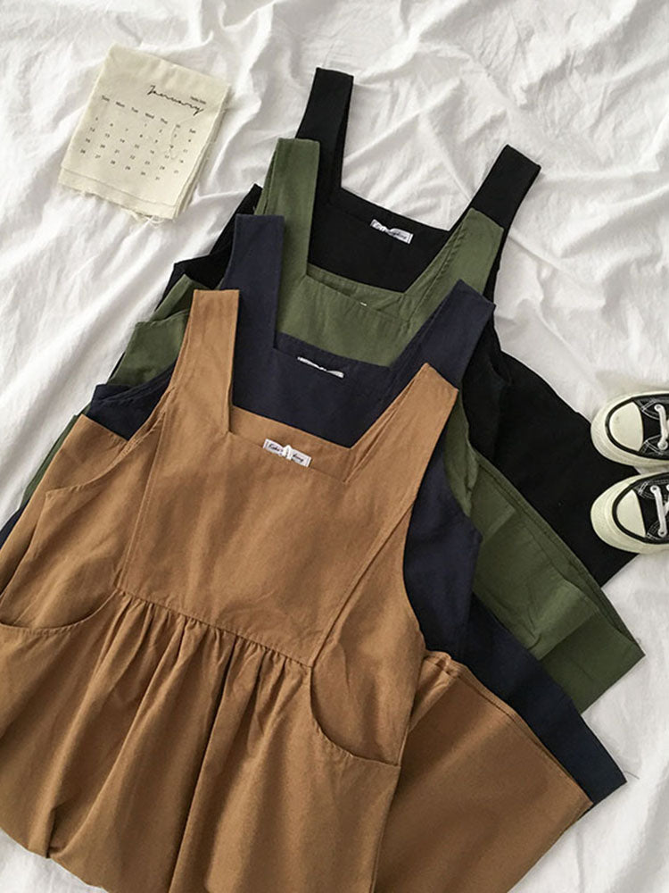 IELGY Korean style student all-match sleeveless suspender dress Solid color can be used inside