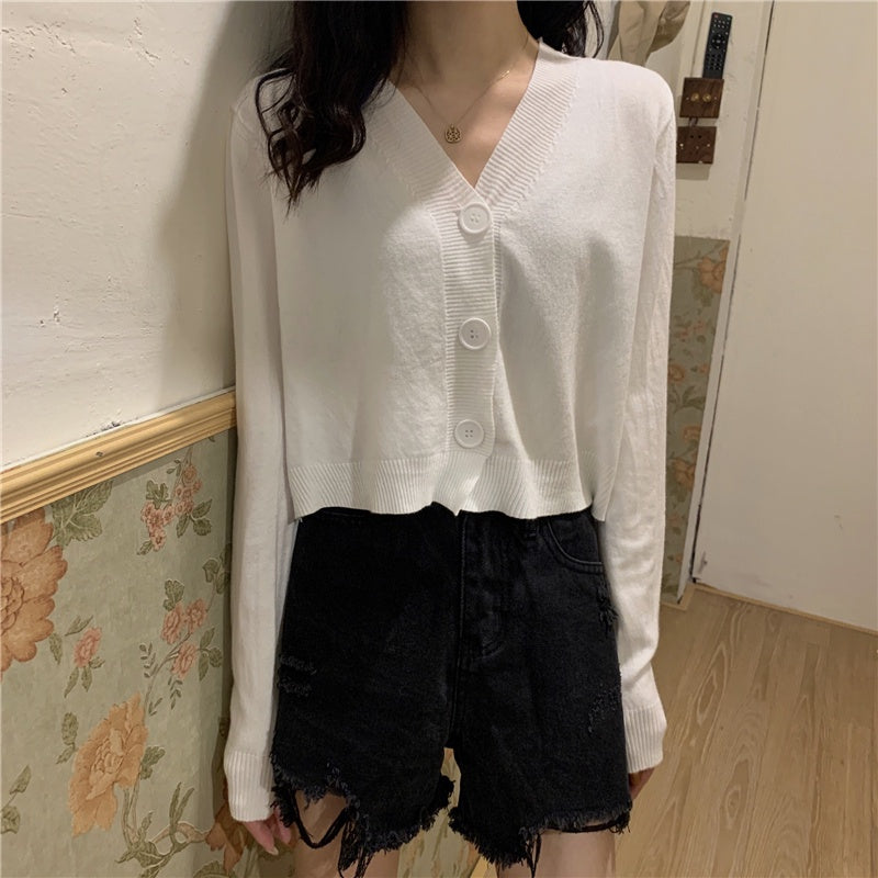 IELGY Women's clothes Jacket Simple Short Thin Knitted sweater Top Black V-neck Long-sleeved