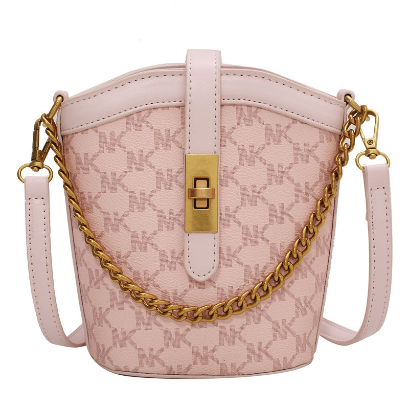 IELGY small pink retro niche design letter texture bucket messenger bag