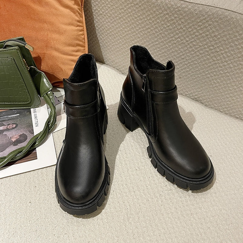 IELGY black round toe high-heeled Martin boots thick heel waterproof platform female trend
