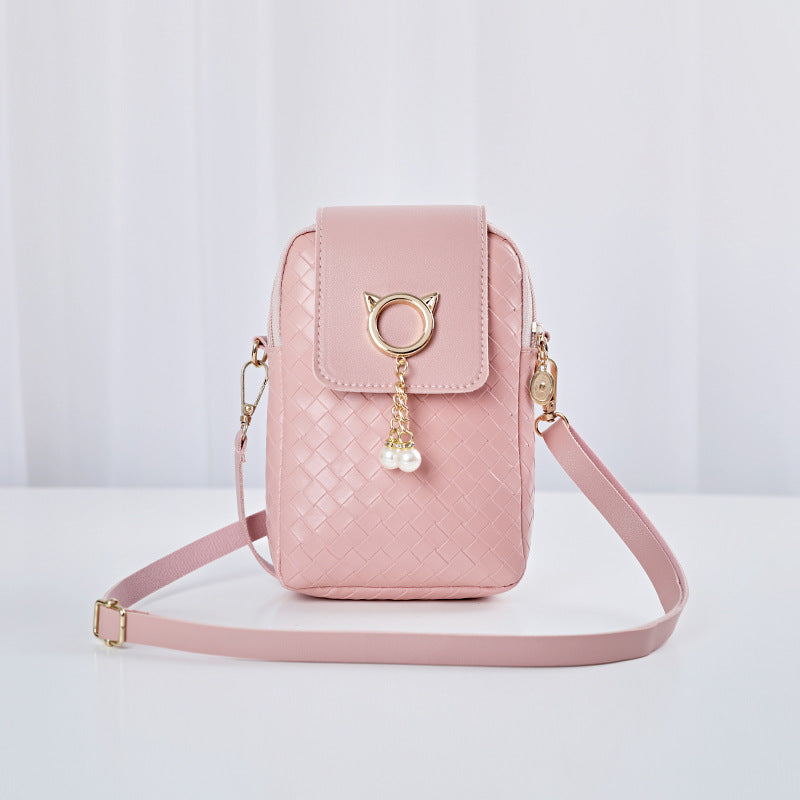 IELGY Cover type Tassel Mobile phone Woven Pearl Korean version Woman's bag Black One shoulder Diagonal