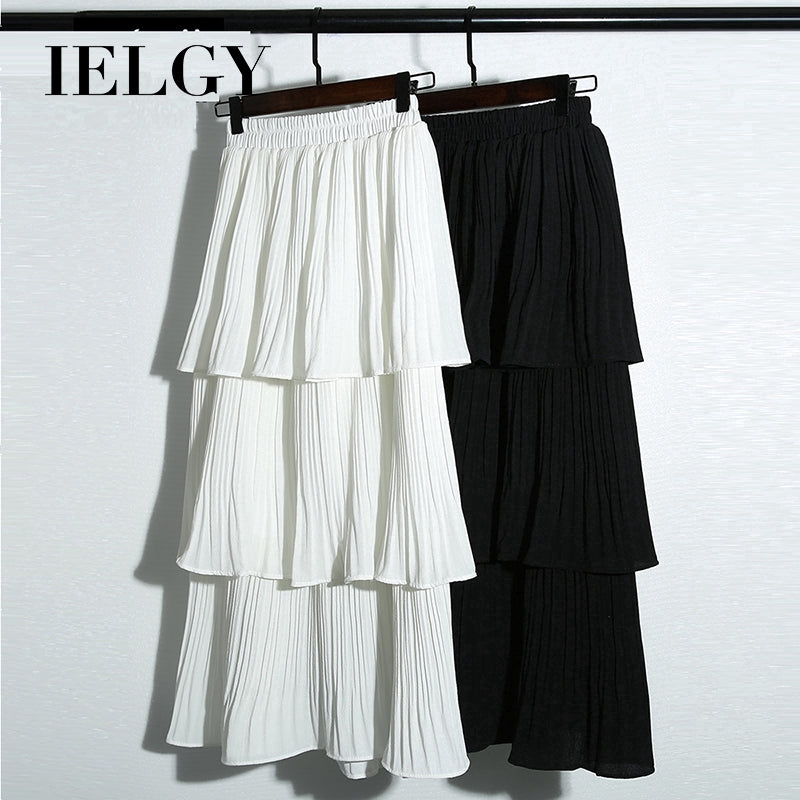 IELGY Korean version of chiffon white student thick pleated midi skirt cupcake dress