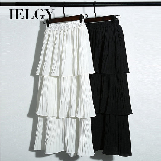IELGY Korean version of chiffon white student thick pleated midi skirt cupcake dress