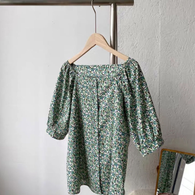 IELGY foreign style chiffon retro one-word collar floral summer design sense foreign style fashion short-sleeved shirt