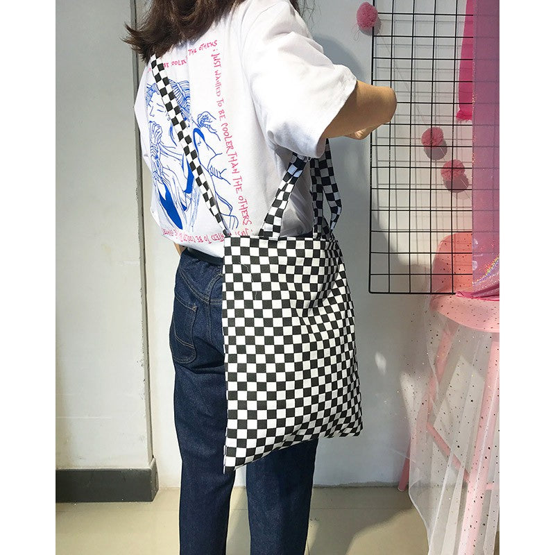 IELGY Black and white checkerboard shoulder bag canvas bag