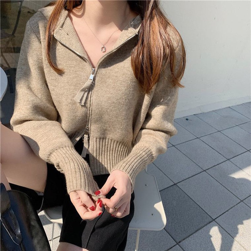 IELGY fashion design hooded double zipper short knitted sweater cardigan