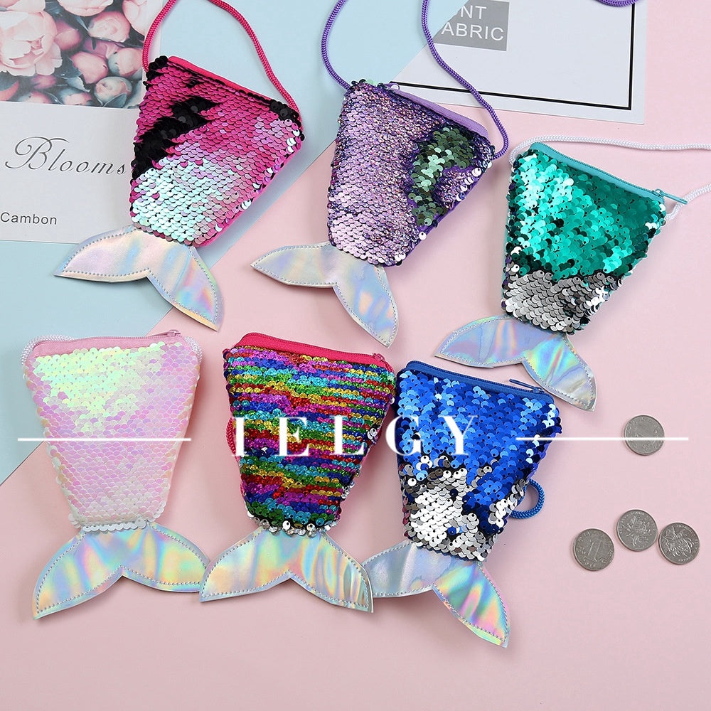 IELGY Sequins Coin Purse Lanyard Coin Fishtail Small Wallet