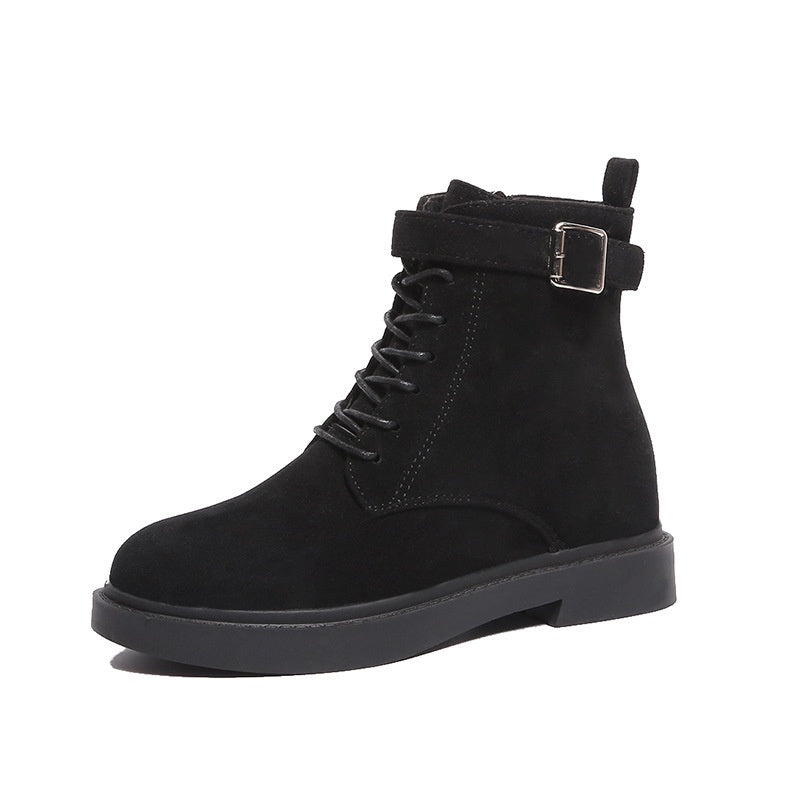 IELGY Fashion Belt Buckle Women's Boots Lace-up Flat Women Suede Korean Style
