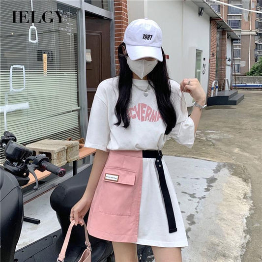 IELGY short-sleeved two-piece female design dress trend Large size cover meat suit