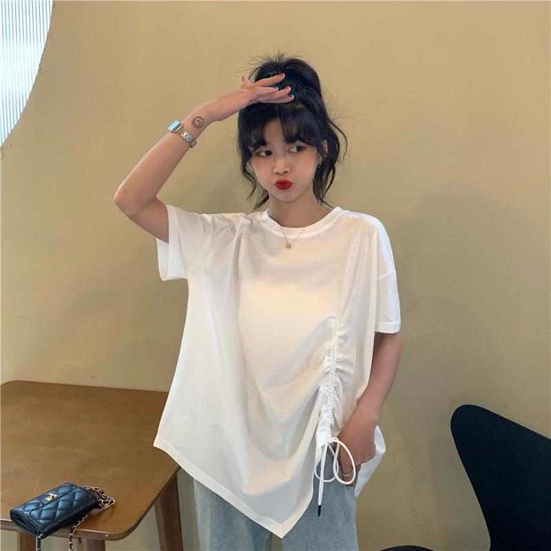 IELGY plus size women's summer drawstring irregular design sense loose short-sleeved t-shirt