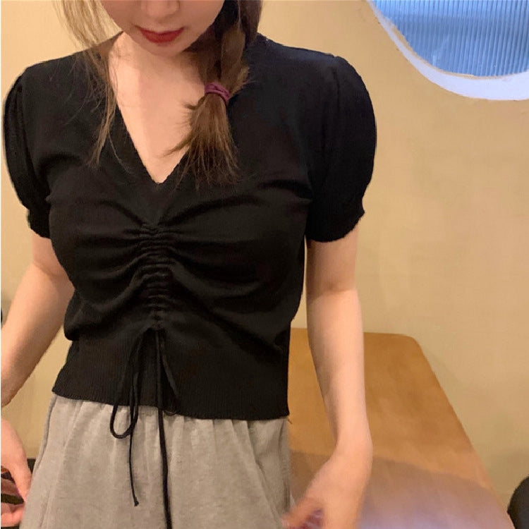 IELGY Drawstring short sleeve knitted loose puff sleeve Crop top