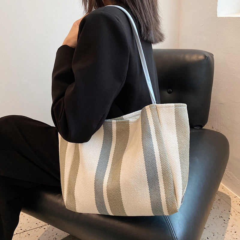 IELGY Canvas Stripe Bag Large Capacity Female Bag Trend Summer Simple