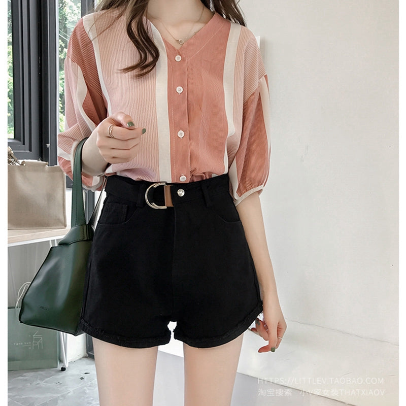 IELGY Women's loose color matching striped shirt