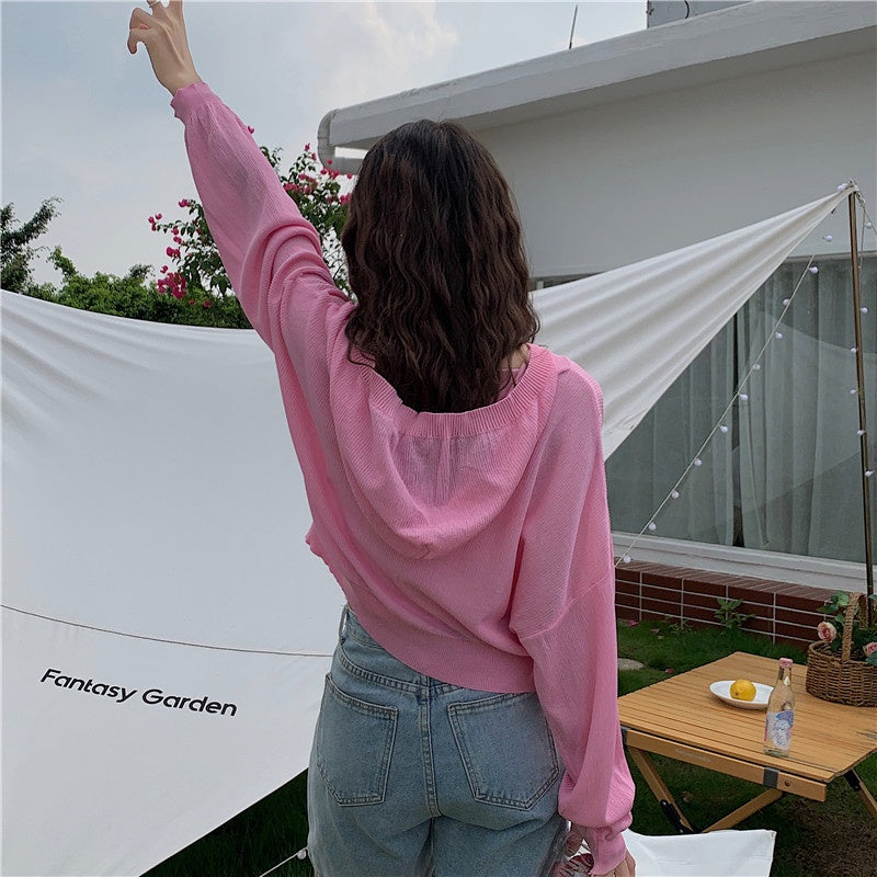 IELGY Fashion Hooded Sunscreen Zipper Breathable Thin Top Women Knitted Cardigan Long Sleeve