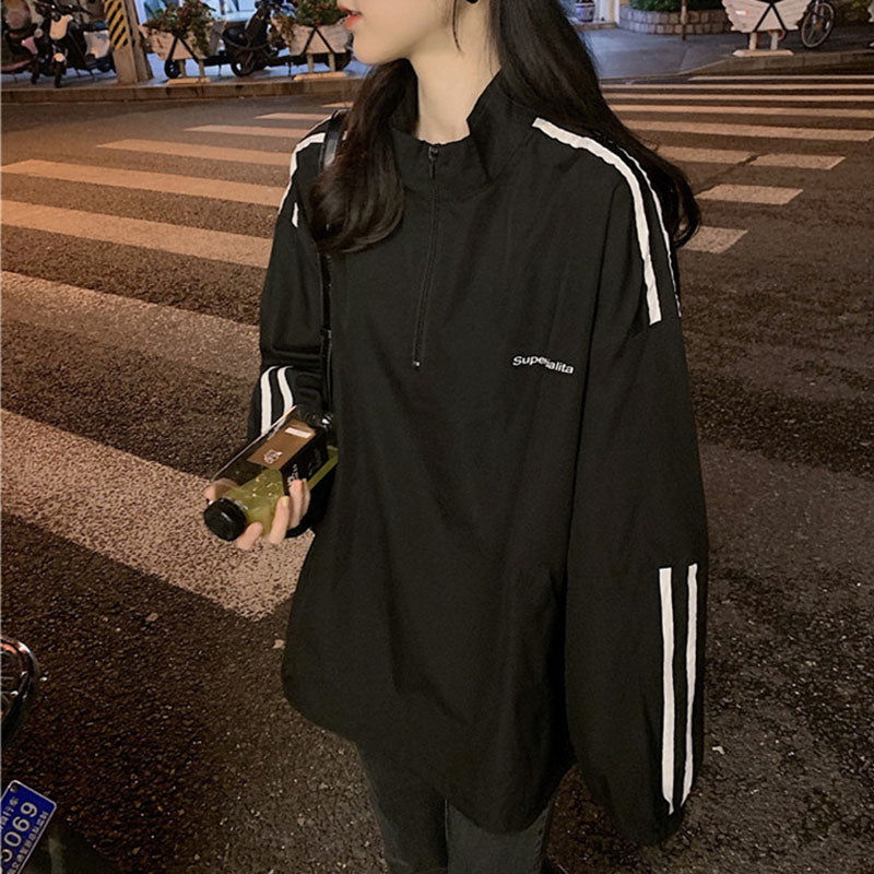 IELGY Women's clothes hoodies thin stripes all-match zippers tops fashion casual Korean