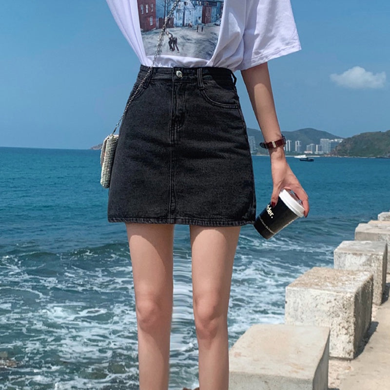 IELGY small denim slim short skirt A-line high waist bag hip slim fashion skirt