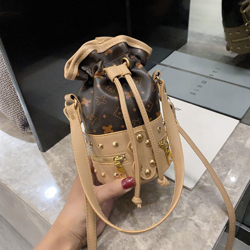 IELGY Women's bag bucket crossbody casual PU retro fashion rivet black all-match