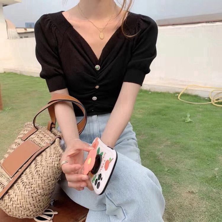 IELGY Retro V-neck knitted waist puff sleeve short top