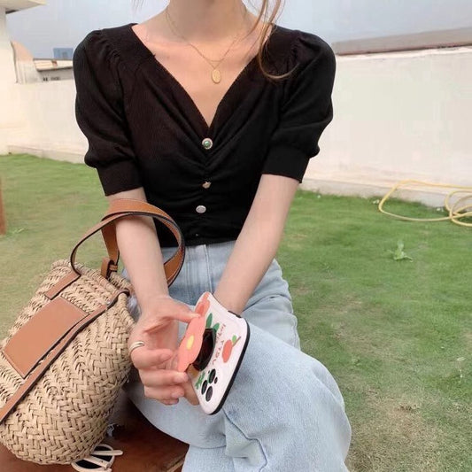 IELGY Retro V-neck knitted waist puff sleeve short top