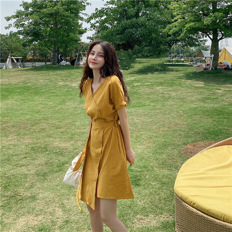 IELGY Women's clothes waist retro tie medium length fashion thin dress yellow all-match