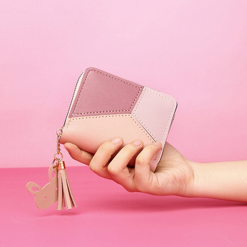 IELGY Women's Short Zipper Korean Style Stitching Contrast Color Tassel All-match Coin Purse