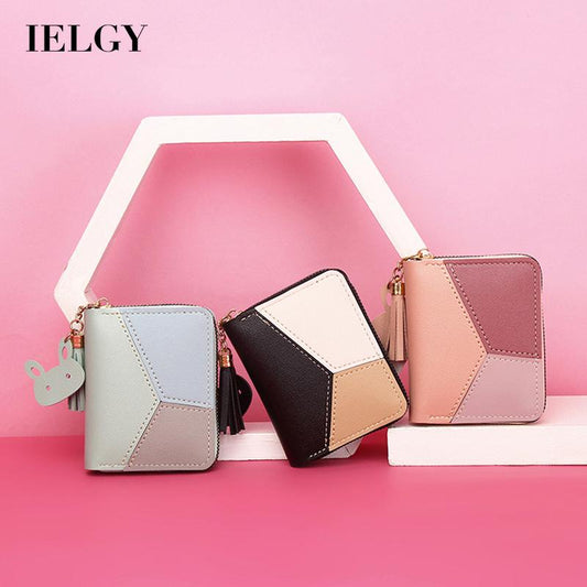 IELGY Women's Short Zipper Korean Style Stitching Contrast Color Tassel All-match Coin Purse