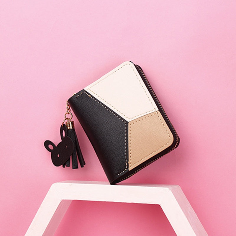 IELGY Women's Short Zipper Korean Style Stitching Contrast Color Tassel All-match Coin Purse