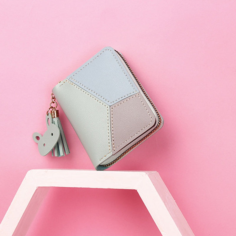 IELGY Women's Short Zipper Korean Style Stitching Contrast Color Tassel All-match Coin Purse