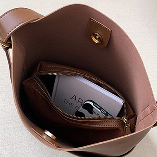 IELGY women's light luxury bucket messenger bag casual large capacity soft leather