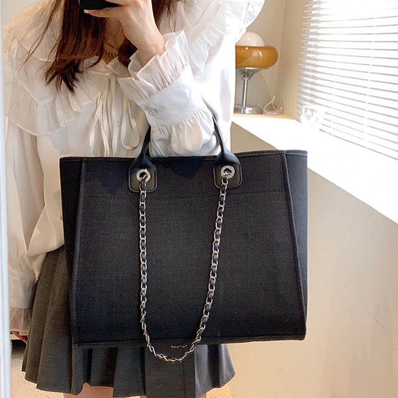 IELGY fashion texture one shoulder large capacity canvas chain tote bag for women