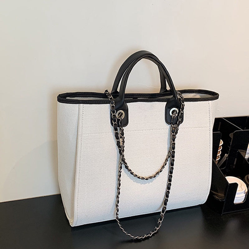IELGY fashion texture one shoulder large capacity canvas chain tote bag for women
