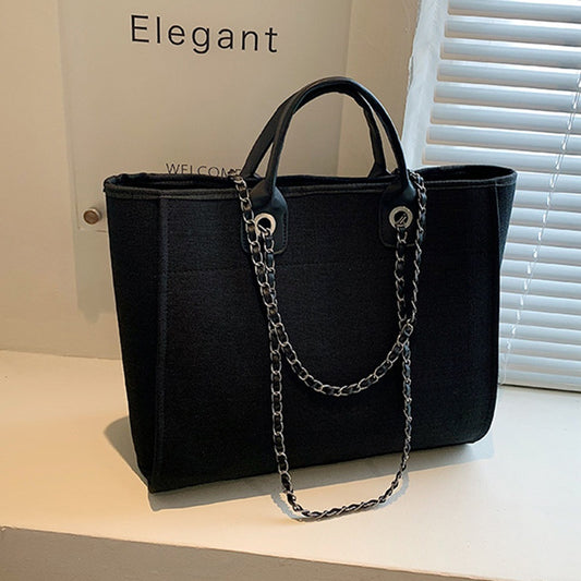 IELGY fashion texture one shoulder large capacity canvas chain tote bag for women