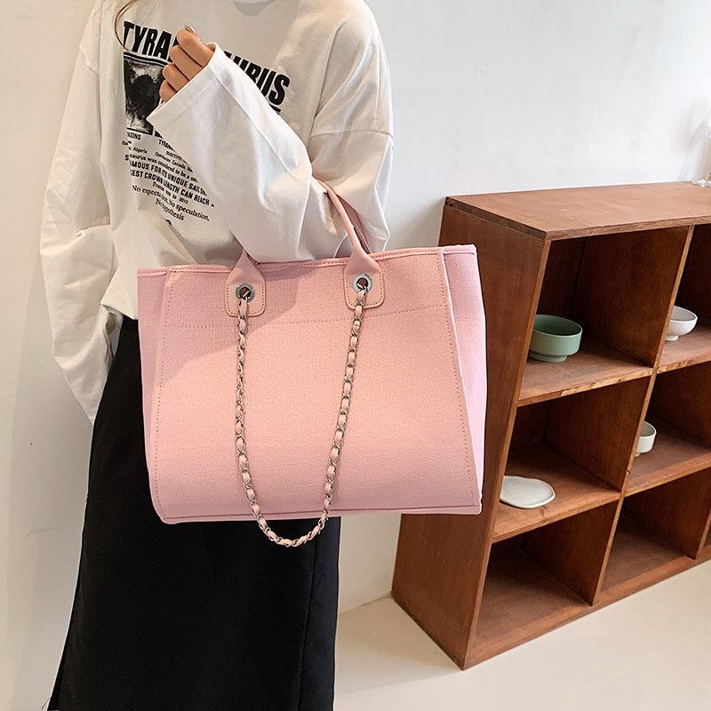 IELGY fashion texture one shoulder large capacity canvas chain tote bag for women