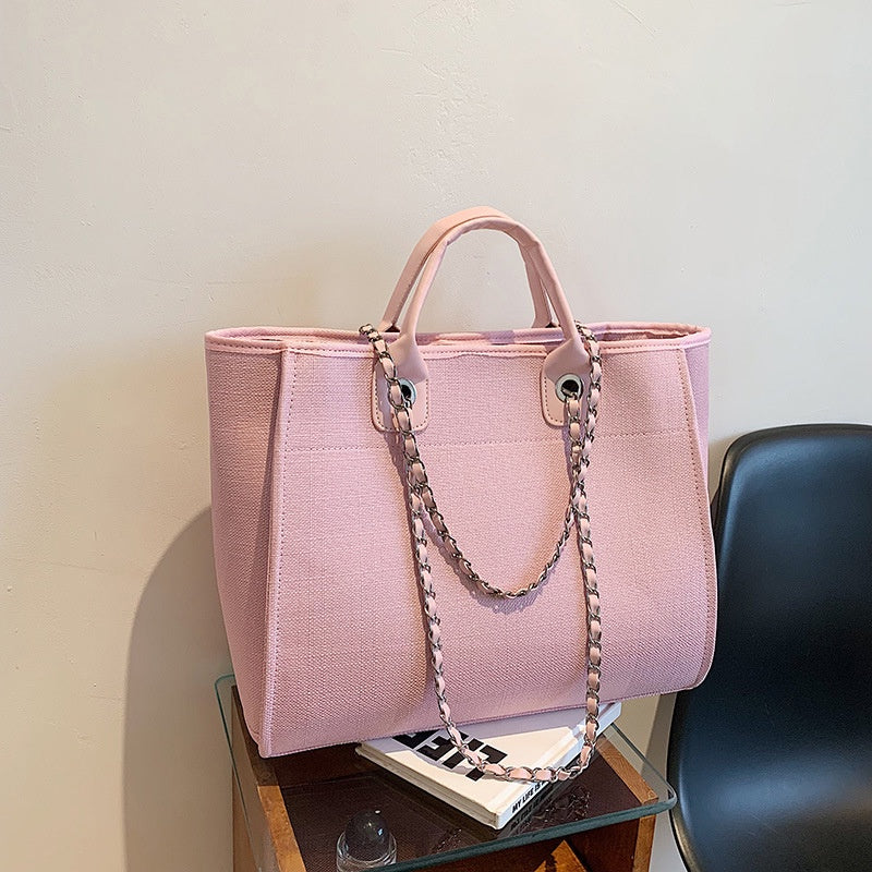 IELGY fashion texture one shoulder large capacity canvas chain tote bag for women