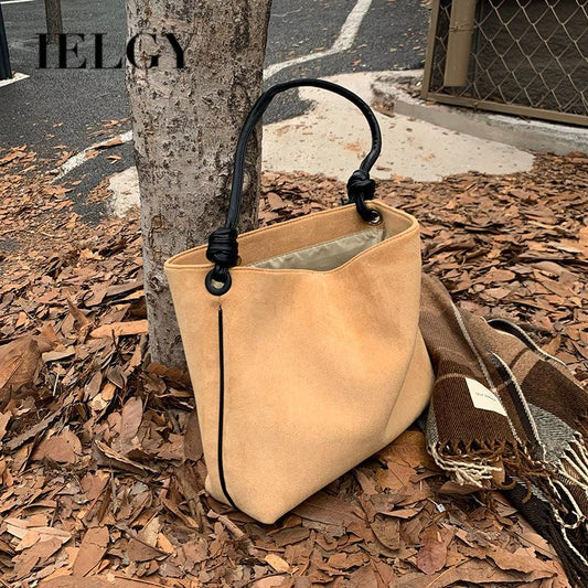 IELGY handbag female Korean version retro suede color contrast bucket type large capacity diagonal bag