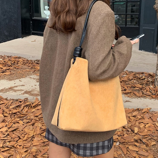 IELGY handbag female Korean version retro suede color contrast bucket type large capacity diagonal bag