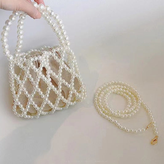 IELGY French Retro Fairy Bag Woven Beaded Bucket Bag Portable Crossbody Bag Summer Xiaozhong Design Hollow Pearl Bag