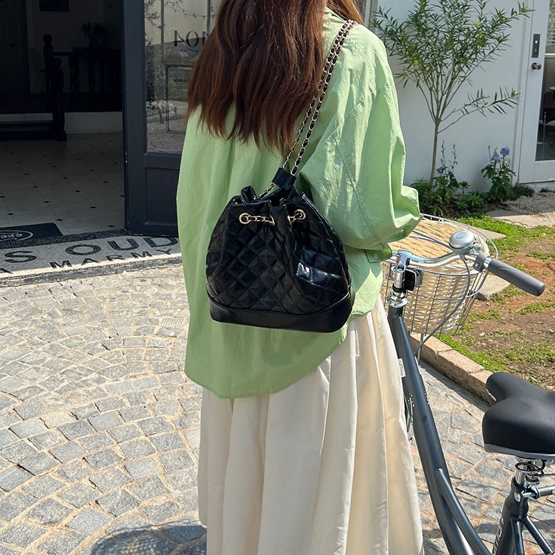 IELGY Casual Temperament Ringed Chain Drawstring Bucket Bag Small Style Backpack Shoulder Bag Shoulder Bag