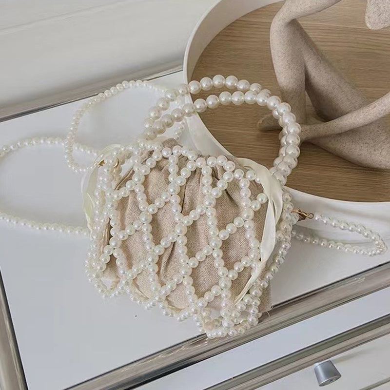 IELGY French Retro Fairy Bag Woven Beaded Bucket Bag Portable Crossbody Bag Summer Xiaozhong Design Hollow Pearl Bag