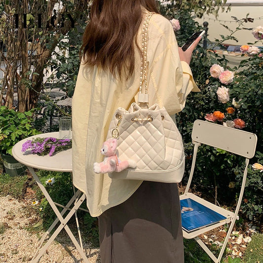 IELGY Casual Temperament Ringed Chain Drawstring Bucket Bag Small Style Backpack Shoulder Bag Shoulder Bag