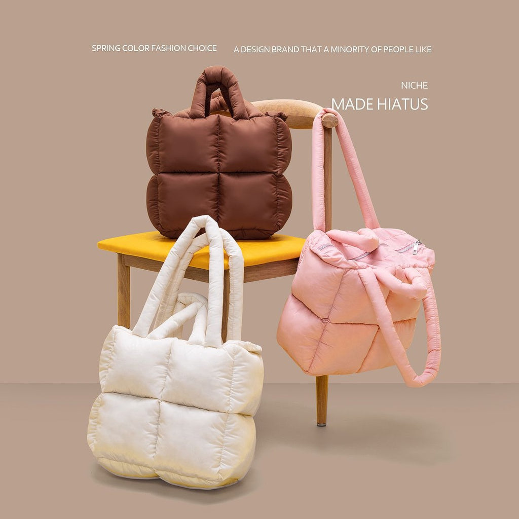 Ielgy European American Niche Design Rhombus Square Tote Bag Puff Soft Cotton-Filled Pillow Bag Shoulder Armpit Bag